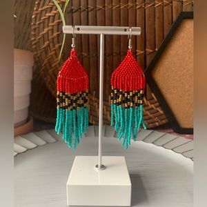 Red, Turquoise, Black and Brown Tassel Earrings